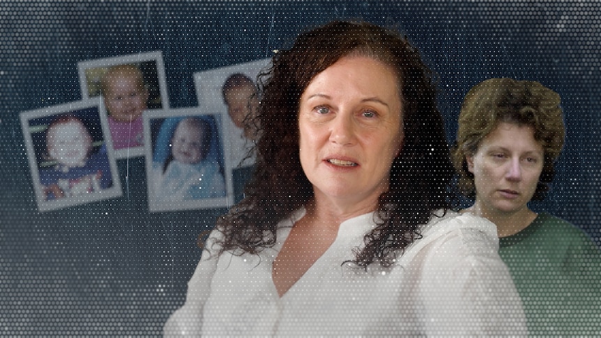 Composite image of a woman with long hair as she looks now and short hair as she looked in the past with photos of four babies.