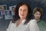 Composite image of a woman with long hair as she looks now and short hair as she looked in the past with photos of four babies.