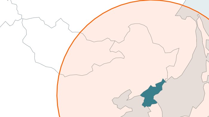 Map with red circle showing the range of North Korea's medium-range missiles. Japan is inside the circle.