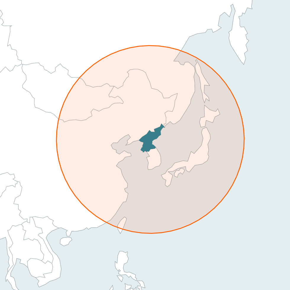 Map with red circle showing the range of North Korea's medium-range missiles. Japan is inside the circle.