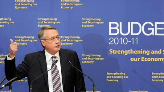 Treasurer Wayne Swan delivers his budget speech to the media in the budget lockup in Canberra on May 11, 2010.