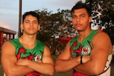 Two rugby players Sabastian Page and Shane Draper kitted up in their singlets.