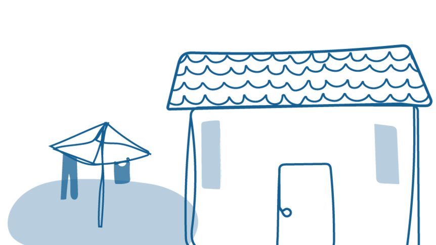 An illustration of a house with a Hill's Hoist washing line beside it.
