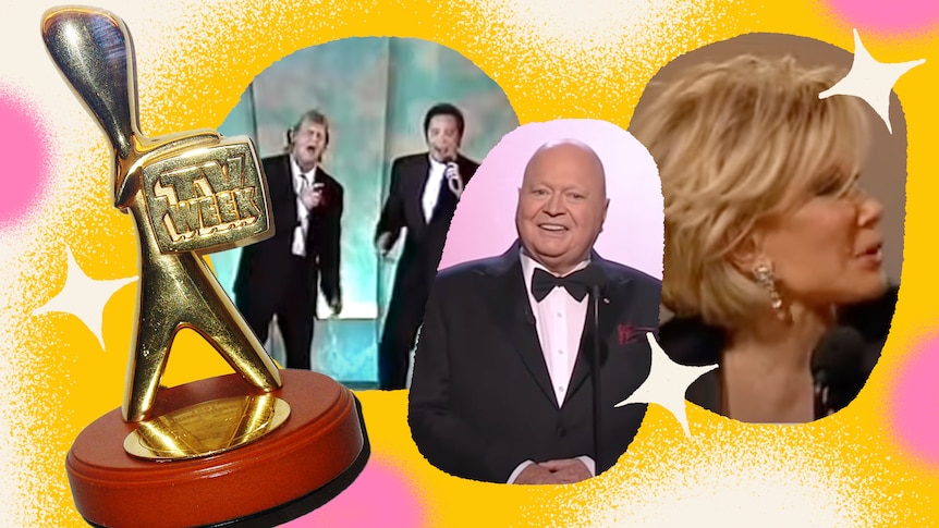 composite image with yellow and pink background with a Logie award and screengrabs of Bert Newton, Joan Rivers, John Farnham