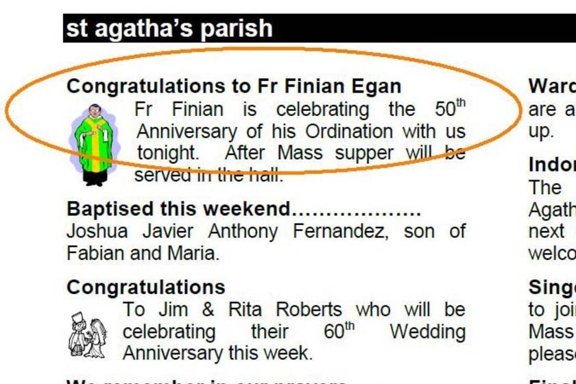 St Agatha's church bulletin offering congratulations to Fr Finian Egan