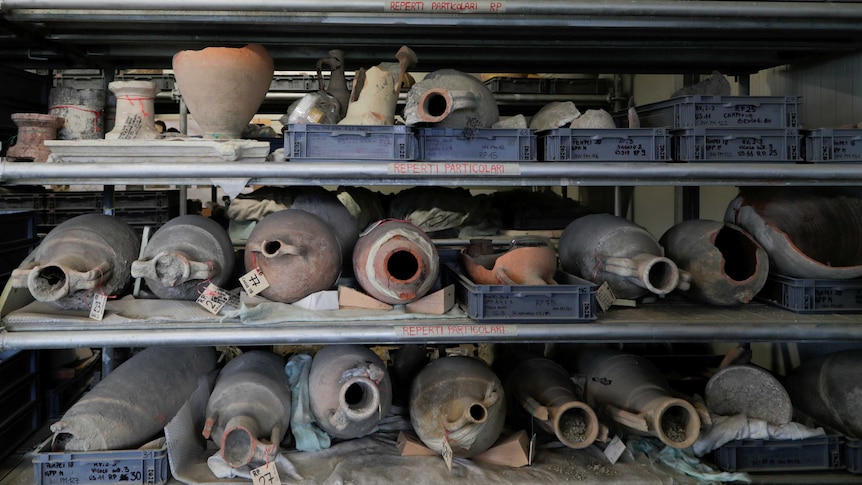 A collection of pottery items stored on shelves