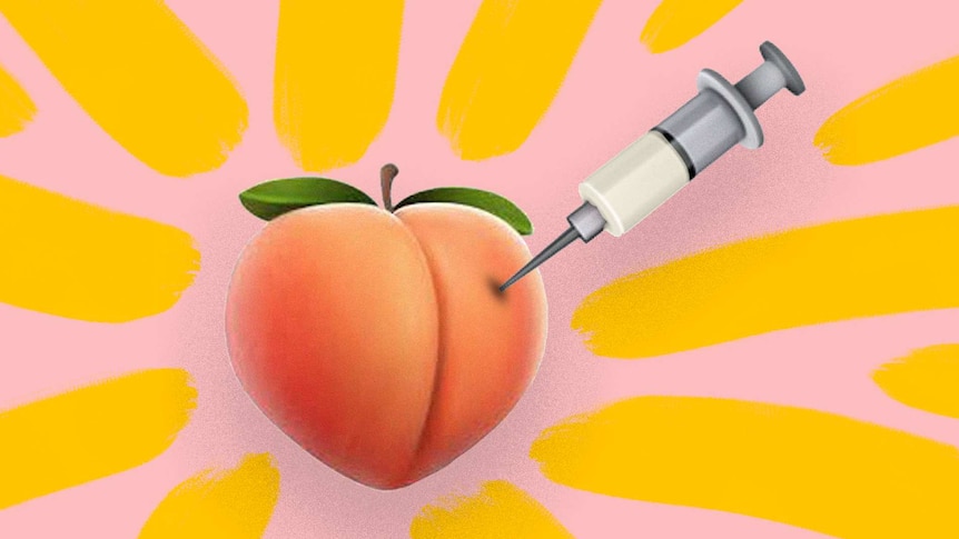 Illustration showing a needle being injected into a peach emoji for a story about the Depo Provera birth control injection.
