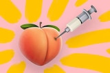 Illustration showing a needle being injected into a peach emoji for a story about the Depo Provera birth control injection.