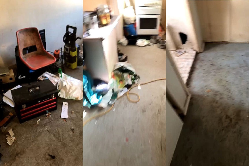 a composite image of three messy rooms with dirt and rubbish on the floor