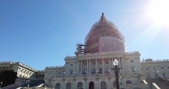 A ray of sunshine above the imposing historic Capitol Hill building in Washington.