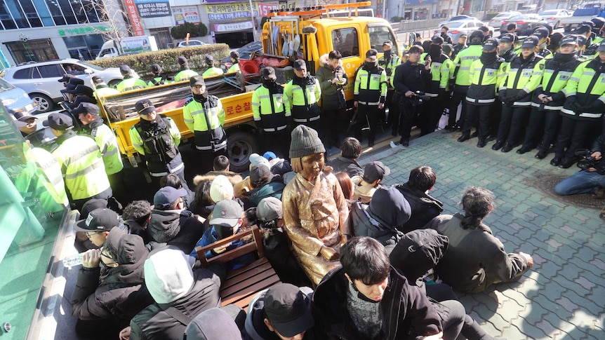 Protest around a comfort woman statue in Busan, South Korea