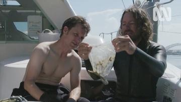 Craig Reucassel and other man sit on boat and look at plastic rubbish