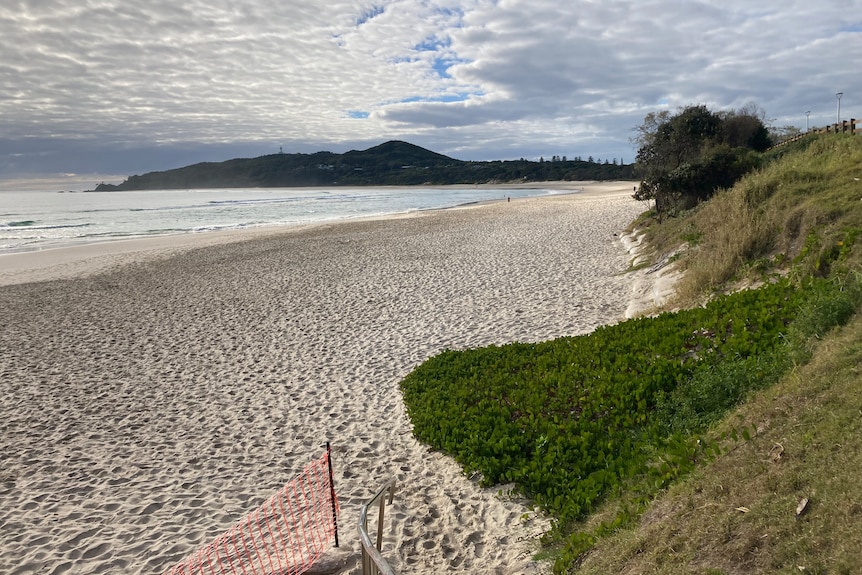 An empty beach with Cape Byron in the background.