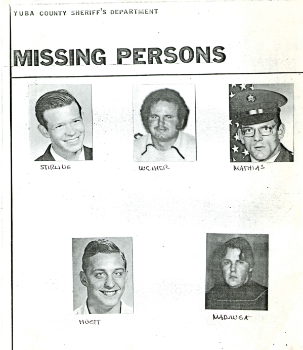 A scanned document labelled Missing Persons with five photos of men 