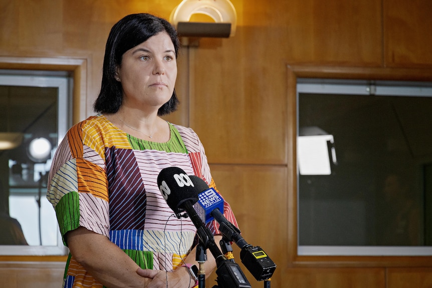 a woman wearing a colourful dress faces the media