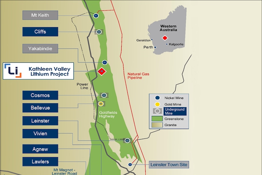 A map showing the location of a lithium mine in Western Australia.  