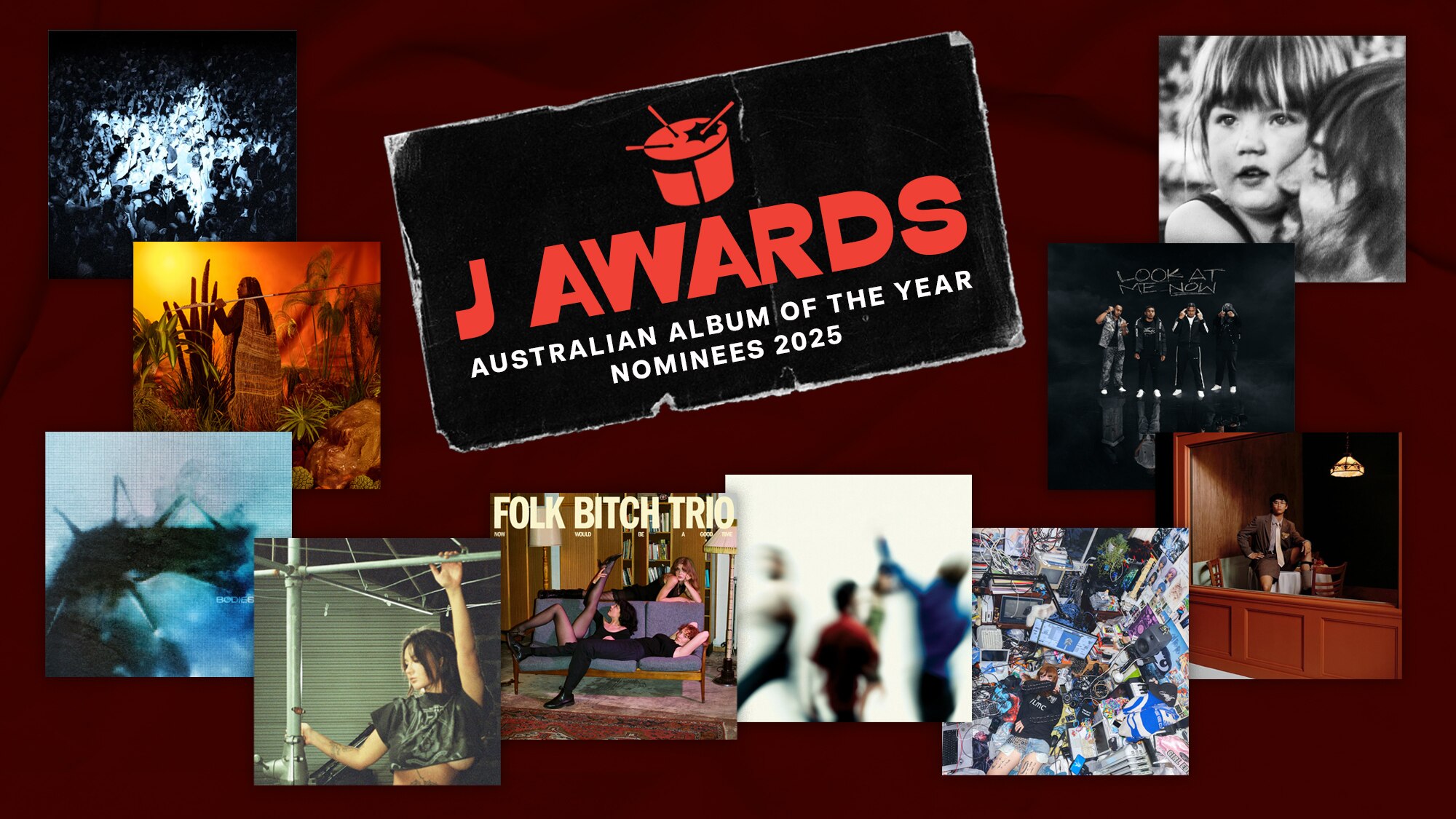 10 sqaure images of album covers on a dark red background with a black sticker with red text