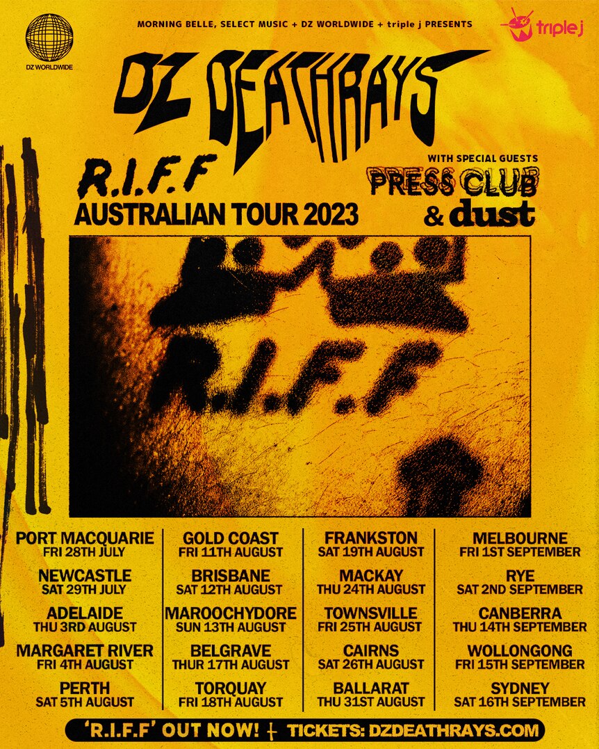 Yellow and black tour poster of DZ Deathrays' 2023 Australian tour which includes a blurry R.I.F.F. tattoo.