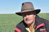 A man wearing an Akubra and fluoro looks down the camera with a pasture behind him.