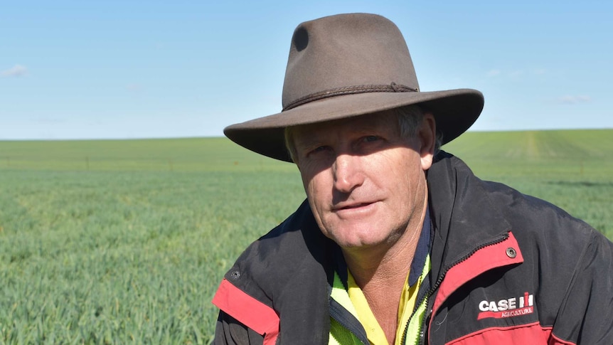 A man wearing an Akubra and fluoro looks down the camera with a pasture behind him.