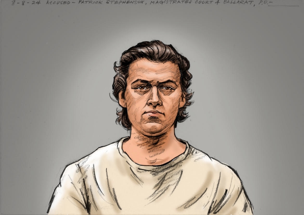 A sketch of Patrick wearing a white shirt sitting against a grey background.