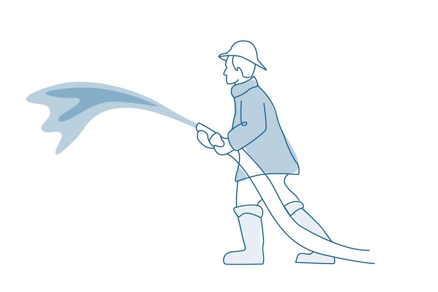 Line drawing of firefighter holding hose, that is spurting water.