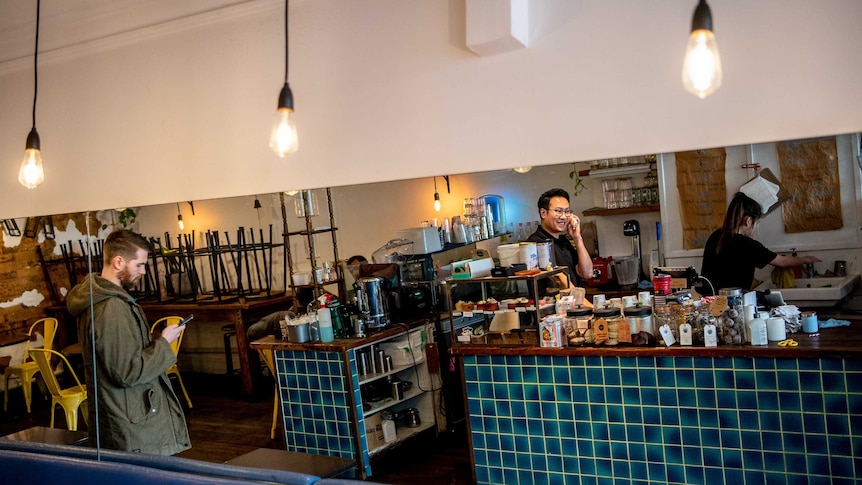 Interior of a cafe viewed through a mirror