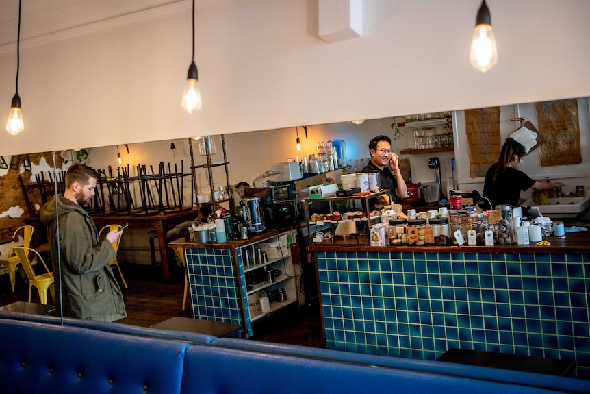 Interior of a cafe viewed through a mirror