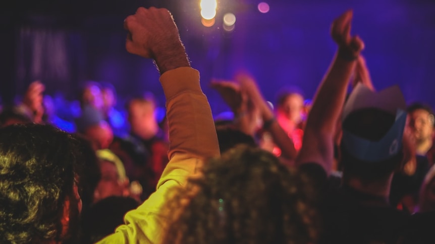 People raise their fists in a nightclub.