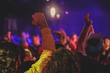 People raise their fists in a nightclub.
