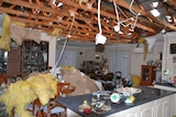 A roof with holes in it and storm wreckage in a kitchen.