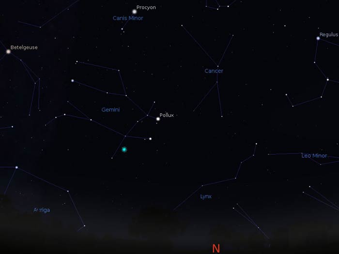 Map showing position of Geminid meteor shower for Sydney at 3AM AEDT Tuesday 15 December