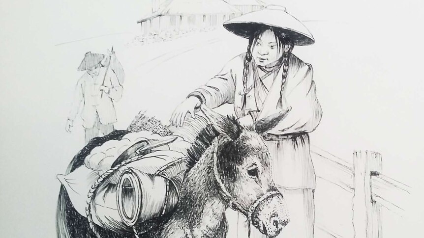 A black and white picture of a Chinese woman standing with a donkey.