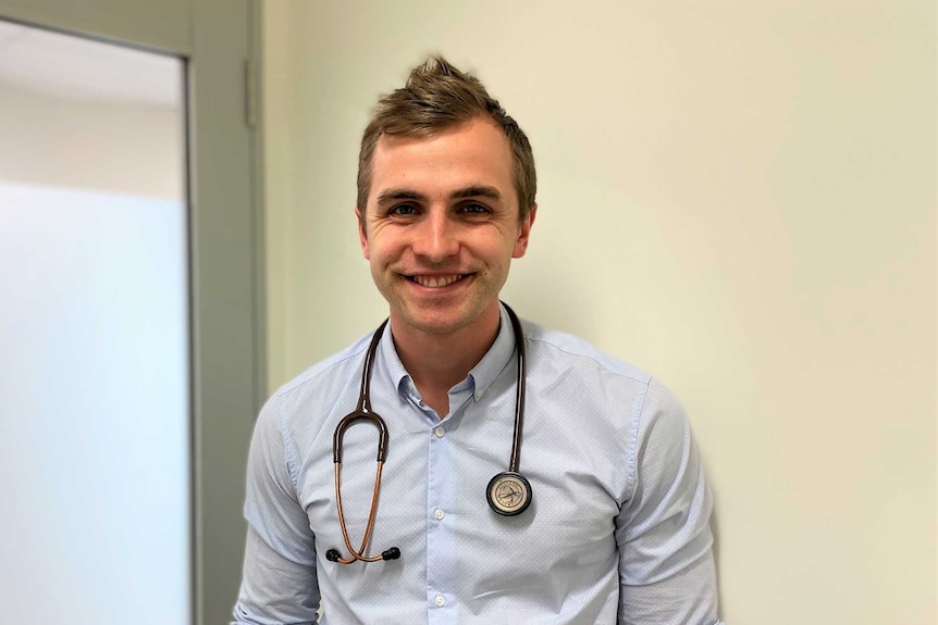Junior doctor Dr Matthew Lennon in a consulting room with a stethoscope at Wagga Wagga Hospital