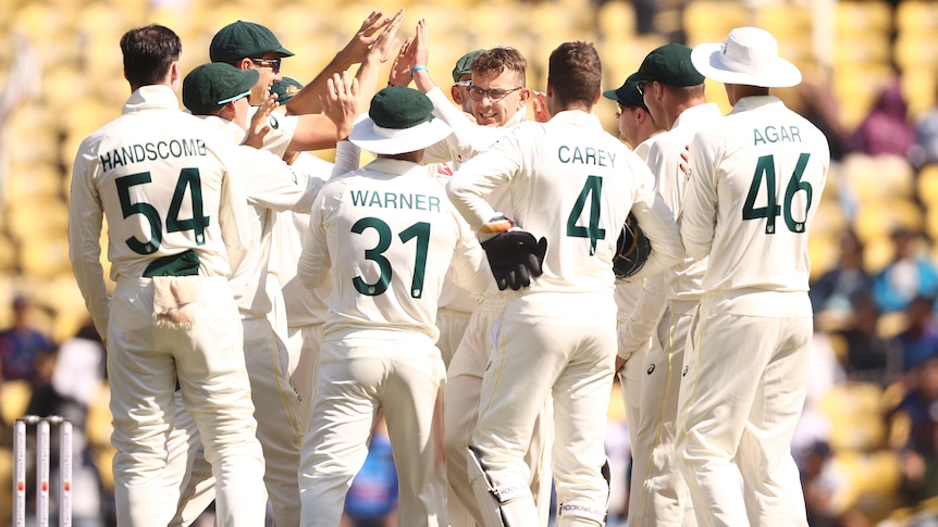 Australian male cricketers group together to celebrate a wicket.