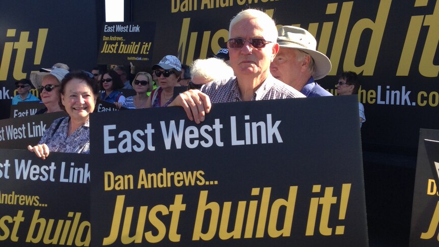 Protesters rally in support of the East West Link at Ringwood Lake, in Melbourne's east on Saturday.
