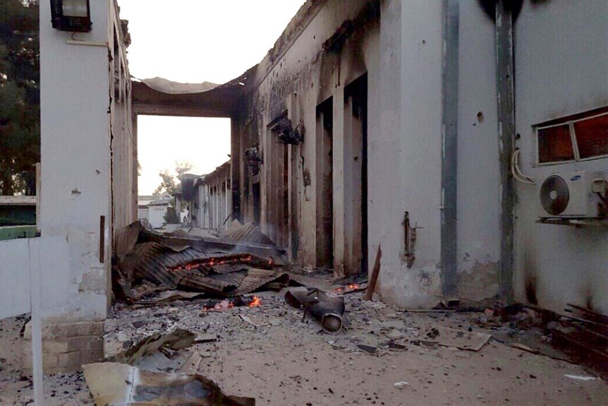 Fires burn in part of the Medecins Sans Frontieres hospital in Kunduz, Afghanistan, days after an air strike.