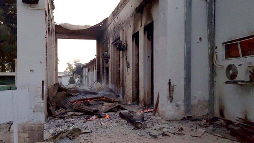 Fires burn in part of the Medecins Sans Frontieres hospital in Kunduz, Afghanistan, days after an air strike.