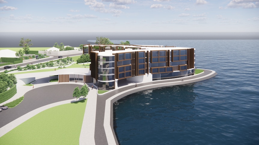 A hotel is seen on the waterfront in this concept imagery.