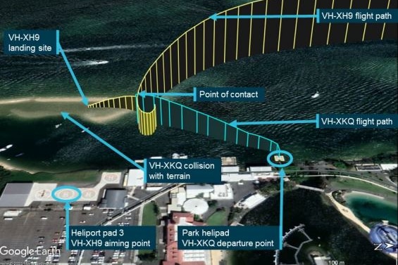 Map showing preliminary flight path of Sea World Helicopters craft VH-XH9 and VH-XKQ 