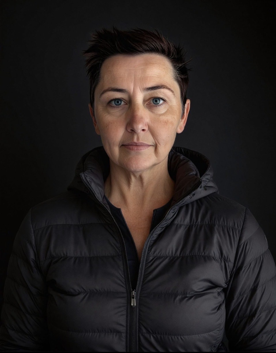 A dark-haired woman in a dark puffer jacket.