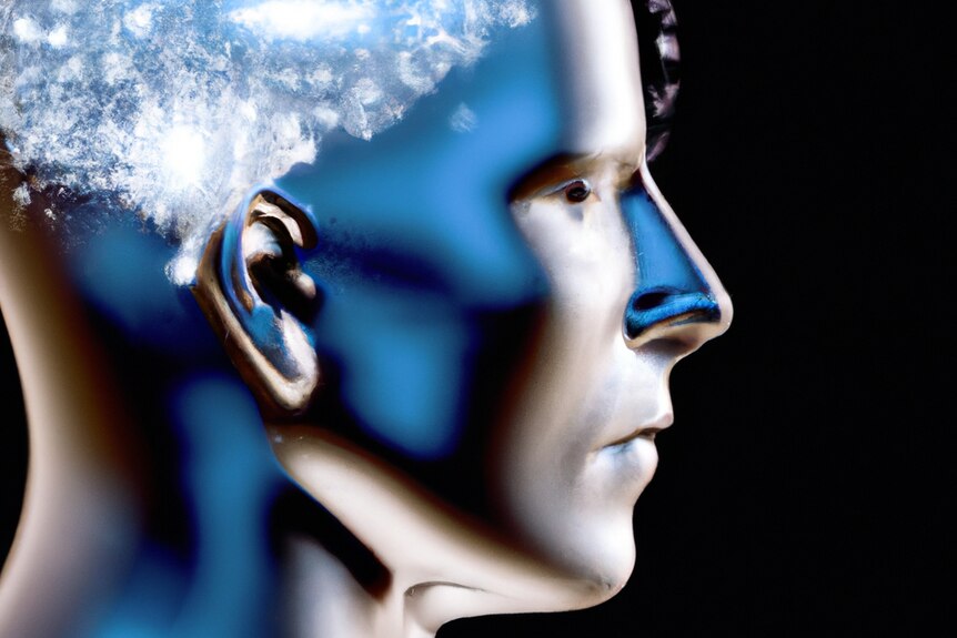 An AI-generated illustration of a human figure's head, on its side profile, with clouds and wires where a human brain would be