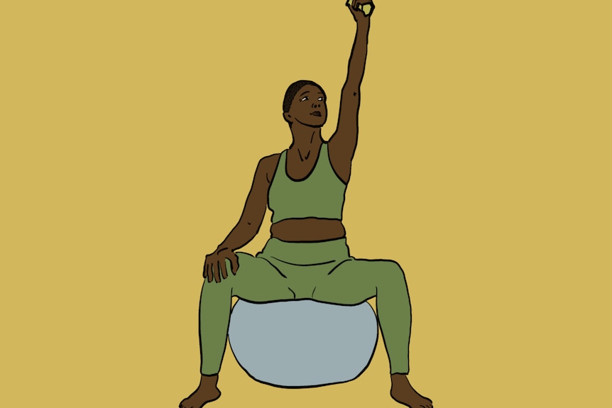 Illustration of person in activewear sitting on an exercise ball and holding one hand high into the air, holding dumbbell.