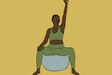 Illustration of person in activewear sitting on an exercise ball and holding one hand high into the air, holding dumbbell.