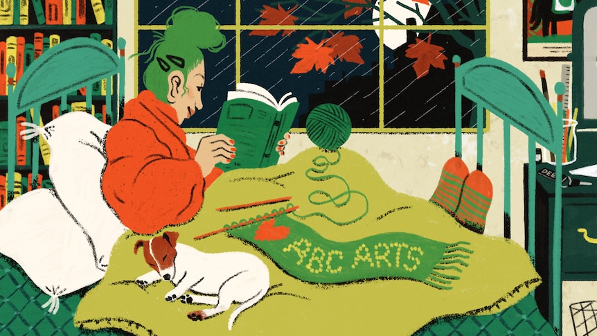 An illustration of a woman reading in bed, with a knitted sweater reading "heart ABC Arts".