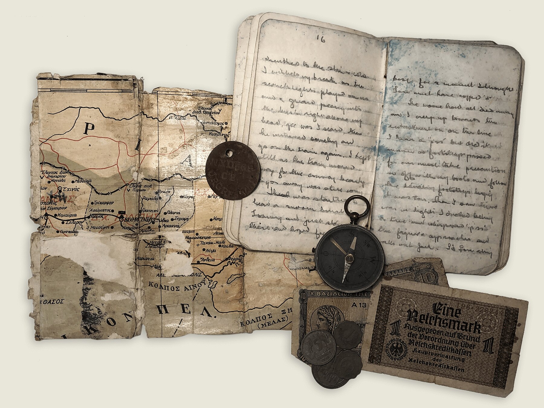 Jack's escape map, compass, diary, ID tag