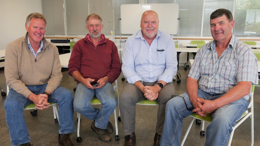 Four men sit on chairs facing the camera.