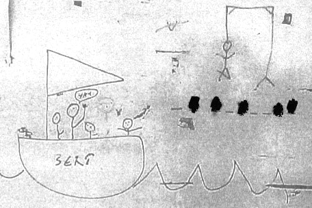A redacted, scanned photo of a drawing of a boat and a hangman game.