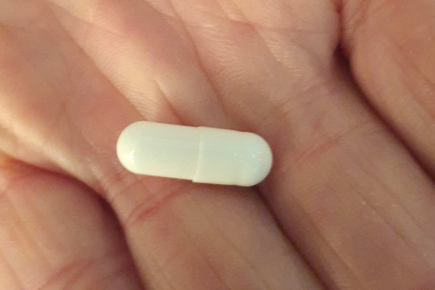 A close-up photo of a white capsule pill on a palm