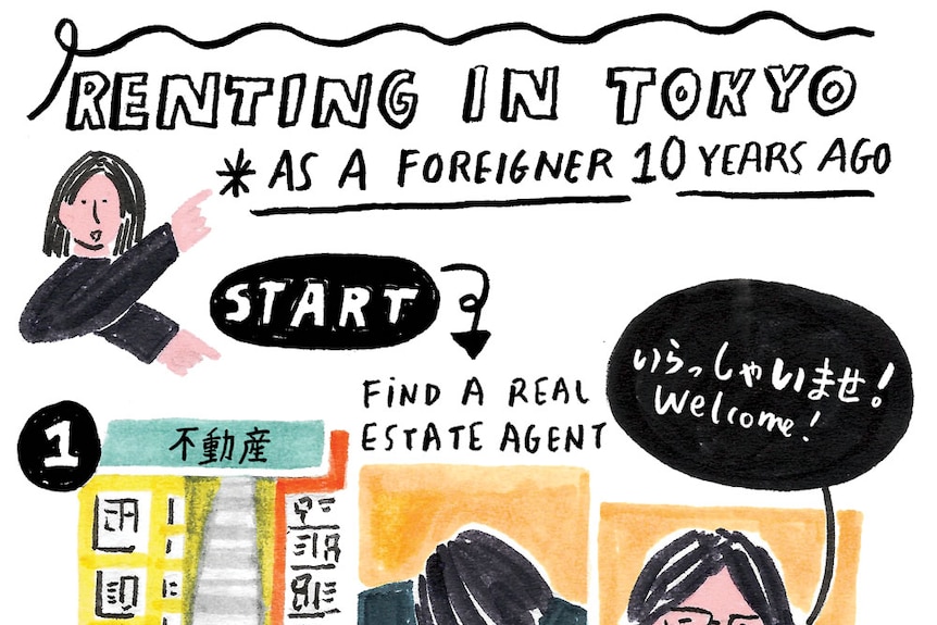 Grace and chart explaining renting in Tokyo as a foreigner 10 years ago: 1. Find an agent